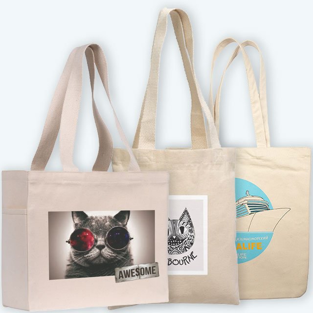 Image showing a collection of Company Branded Bags with a full colour transfer printed design. From The Promobag Warehouse, the leading supplier of promotional bags.