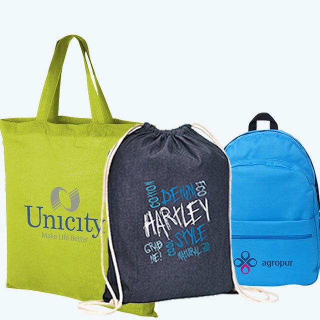 Image showing a range of Company Branded Bags with multi-coloured printed logos from The Promobag Warehouse